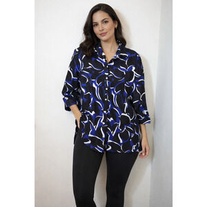 NWT Womens Size 16 Chico's Navy White 3/4 Sleeve Button Front Tunic Top